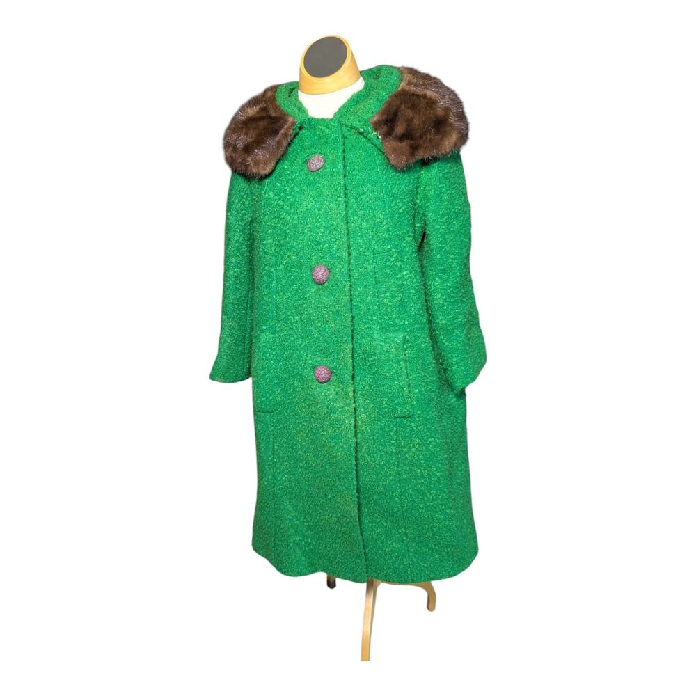 Vtg 1950s Kelly Green Boucle Wool Mink Fur Collar Button Up Swing Coat Sz M - Picture 2 of 7
